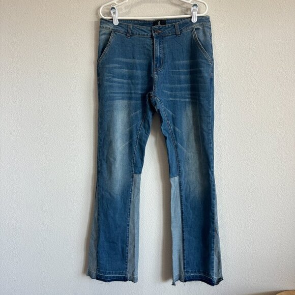 Blue Denim Patchwork Stretch Jeans Slim Fit Flared Pants - Picture 2 of 7